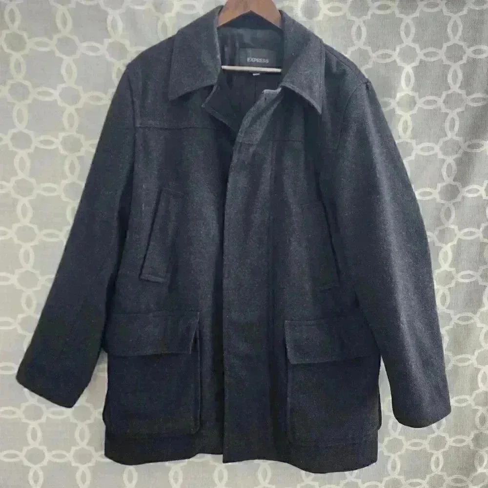 Express Wool Blend Corduroy details Button Black Coat Men's L